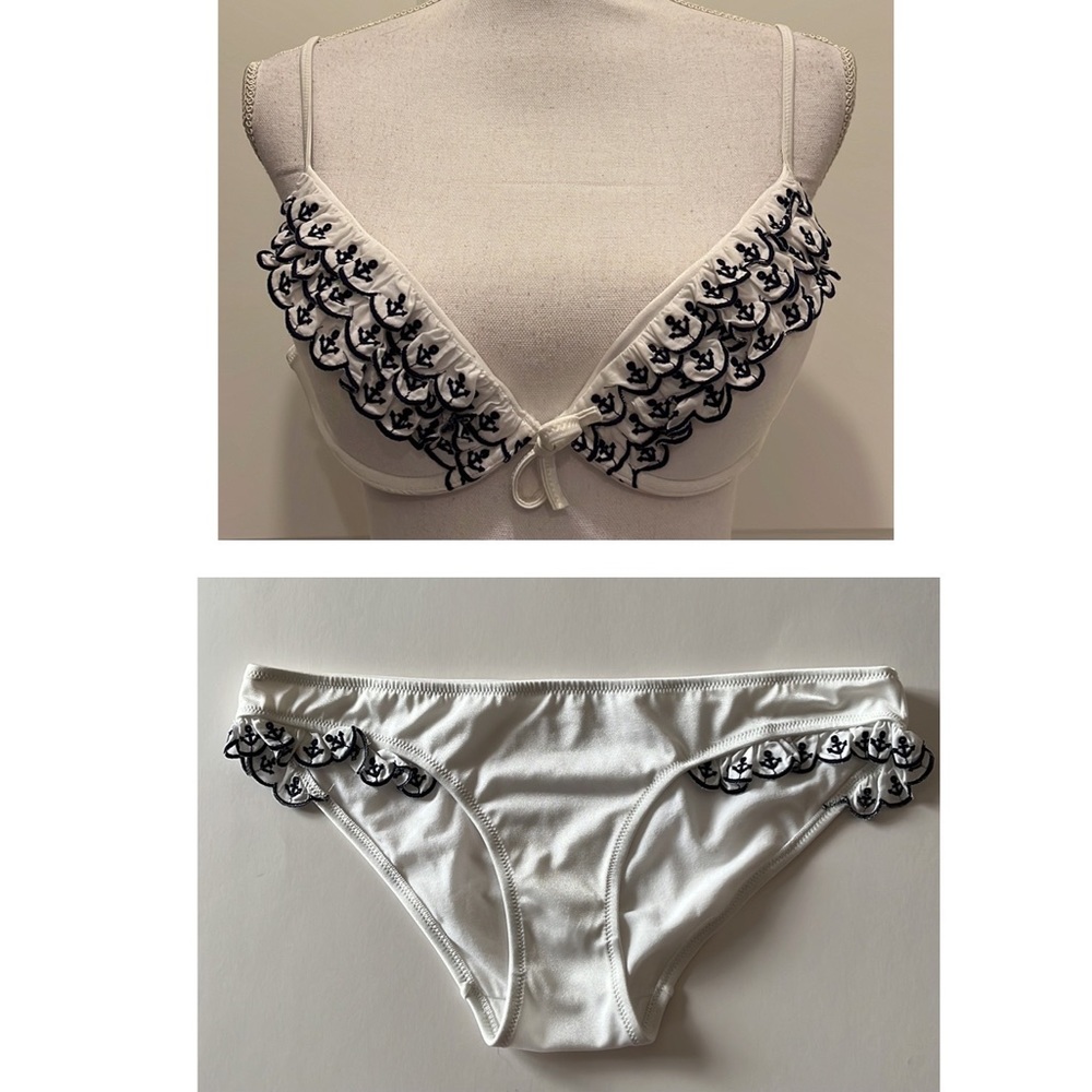 Rosamosario White Bikini with Navy Blue Anchor Motif Ruffles